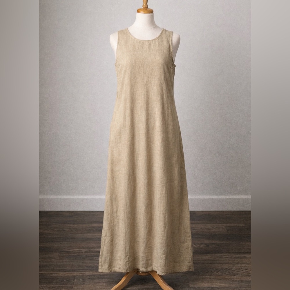 Eileen Fisher Irish Linen Maxi Dress Sleeveless Beige Minimalist